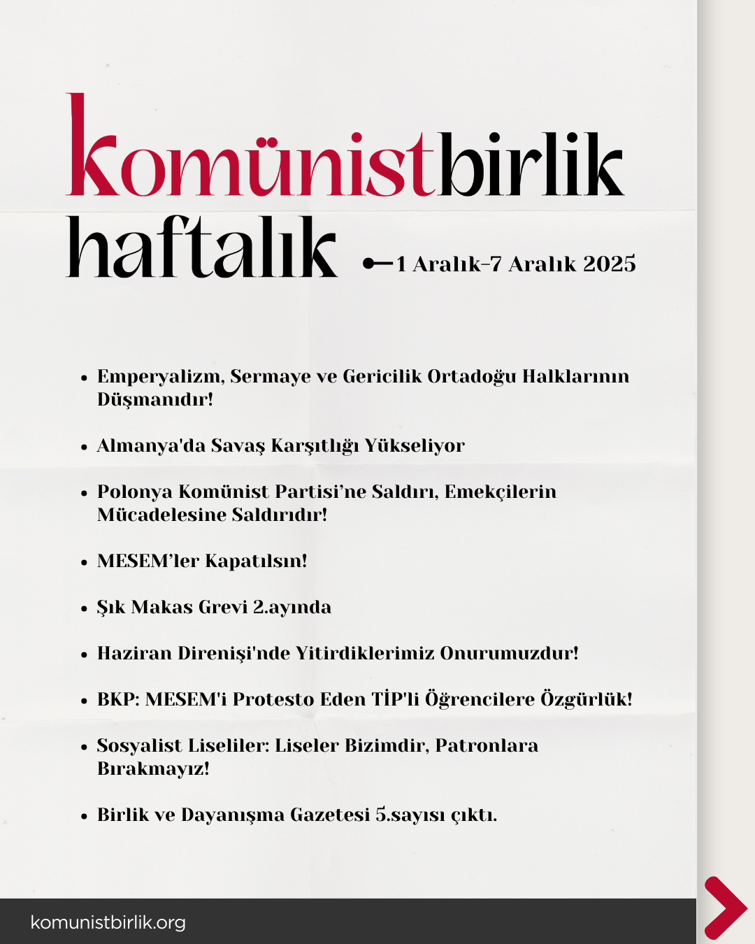 Komünist Birlik Haftalık 1 Aralık-7 Aralık 2025